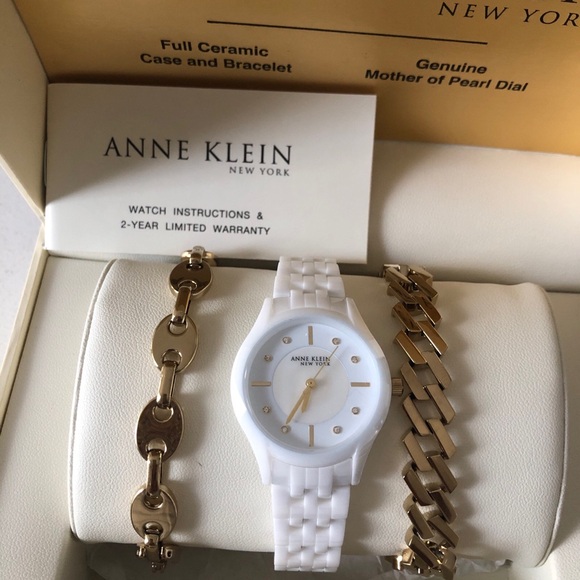 Anne Klein New York   12/7740WTST White Ceramic Watch w/ 2- Gold Tone Bracelets - Picture 1 of 7